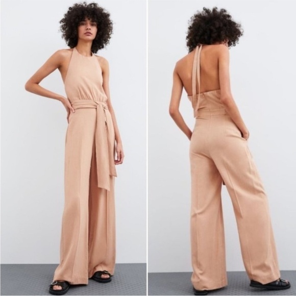 Zara Pants - NWT Zara Mauve Viscose Linen Blend Wide Leg Sleeveless Halter Jumpsuit Pockets L